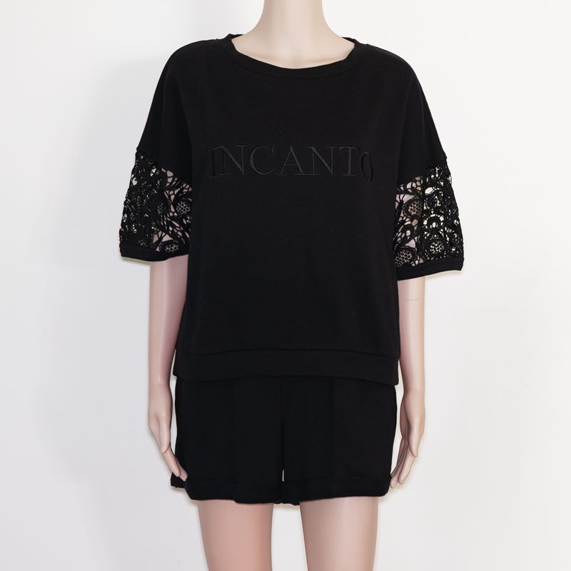 Black Hollow Lace Designed Top High Quality Terry Hoody Fashion T-shirt With Shorts Suit